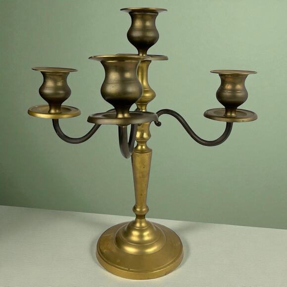 Vintage 1970s Solid Brass 3-Arm Candelabra w/ Center Pillar Regency 3.4 lbs - Picture 1 of 9